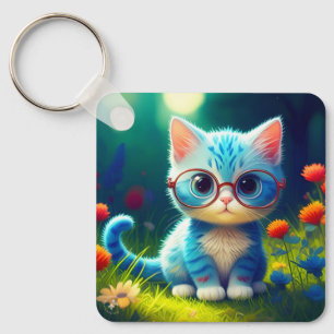 Cute Blue Kitten Wearing Glasses-47067 Key Ring