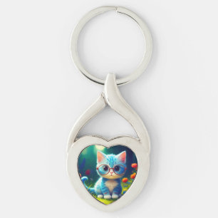 Cute Blue Kitten Wearing Glasses-47067 Key Ring