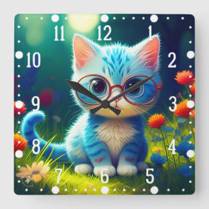 Cute Blue Kitten Wearing Glasses-47067 Square Wall Clock