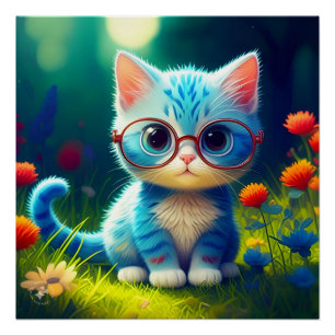 Cute Blue Kitten Wearing Glasses-47567 Poster