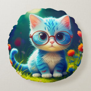 Cute Blue Kitten Wearing Glasses-47567 Round Cushion