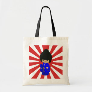 Cute Blue Kokeshi Doll on rising sun Tote Bag