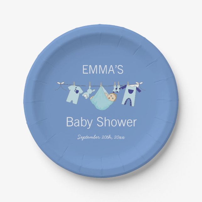 Cute Blue Laundry Clothesline Boy Baby Shower Paper Plate (Front)