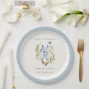 Cute Blue Leafy Foliage Boy Clothes Baby Shower Paper Plate