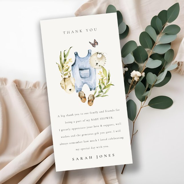 Cute Blue Leafy Foliage Boy Clothes Baby Shower Thank You Card (Creator Uploaded)