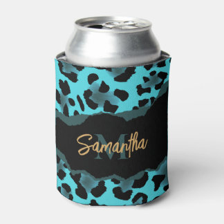Cute Blue Leopard Print Can Cooler