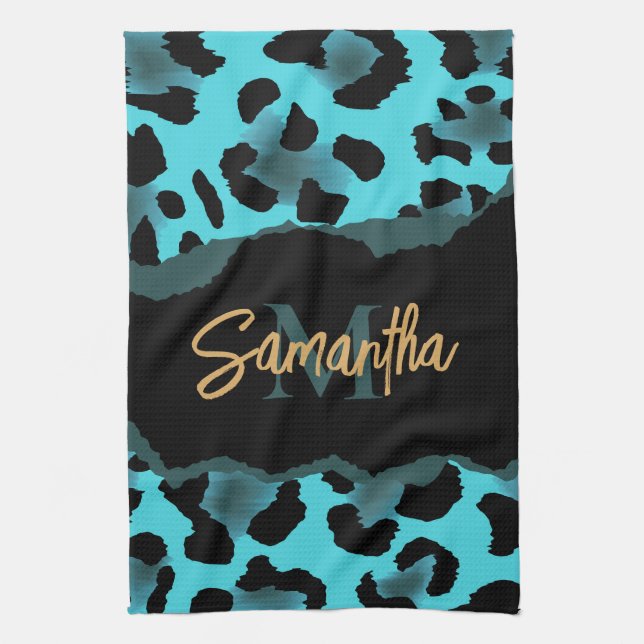 Cute Blue Leopard Print Tea Towel (Vertical)