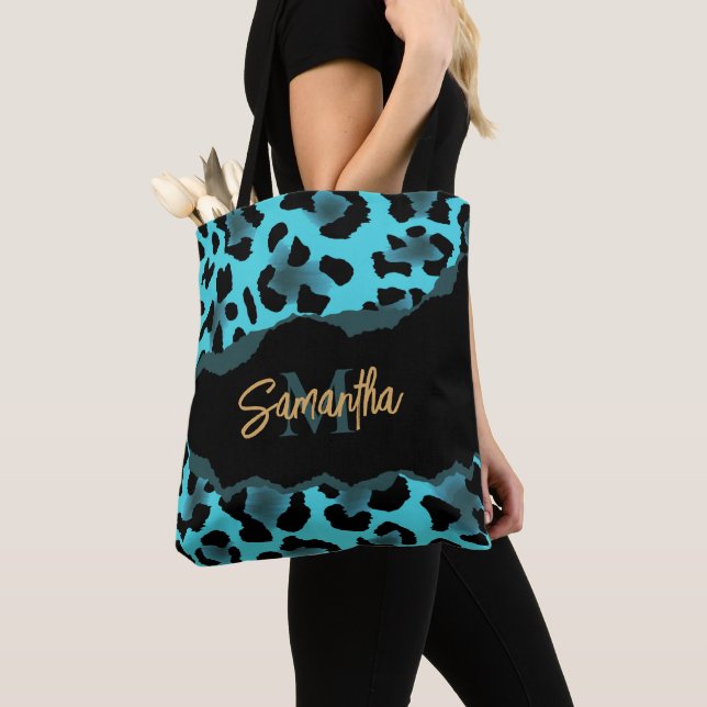 Cute Blue Leopard Print Tote Bag (Close Up)