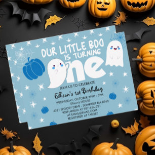 Cute Blue Little Boo Halloween First Birthday Invitation