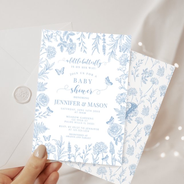 Cute blue little butterfly baby boy shower invitation (Creator Uploaded)