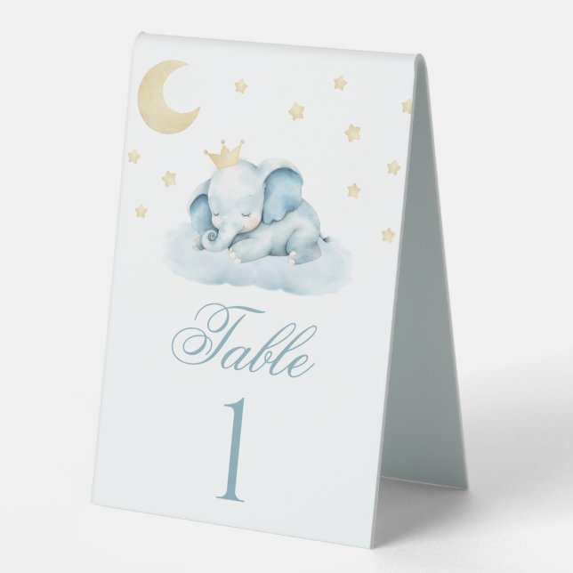 Cute Blue Little Elephant Baby Shower Table Number (Front)