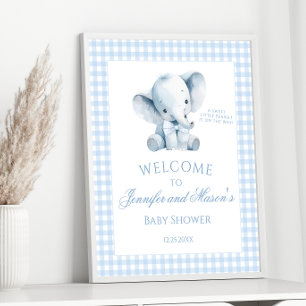Cute Blue Little Elephant Gingham Baby Boy Shower Poster