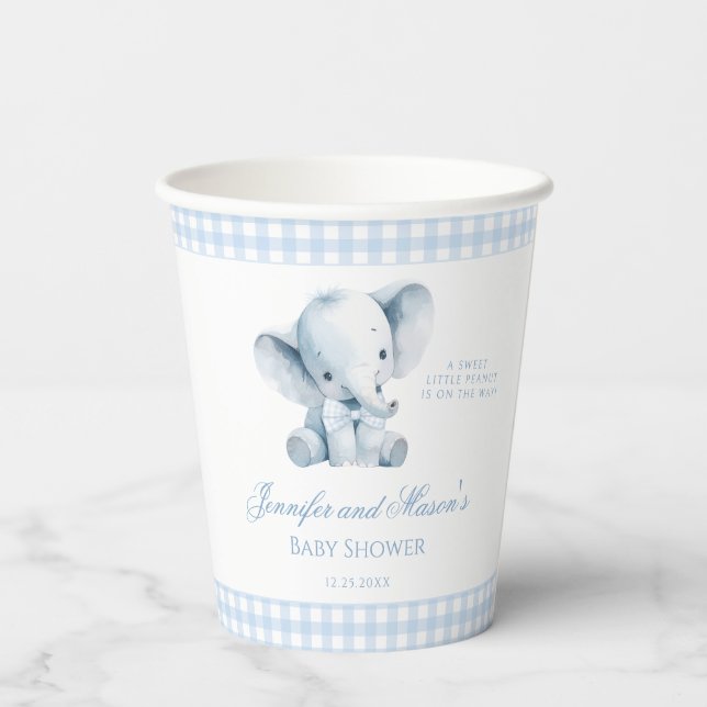 Cute Blue Little Peanut Elephant Baby Boy Shower Paper Cups (Back)