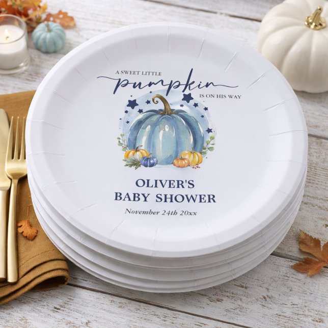 Cute Blue Little Pumpkin Baby Boy Shower   Paper Plate (Creator Uploaded)