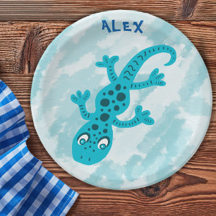 Cute Blue Lizard Gecko Birthday Name Paper Plate