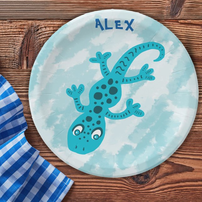 Cute Blue Lizard Gecko Birthday Name Paper Plate (Creator Uploaded)