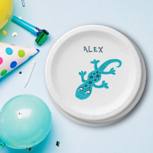 Cute Blue Lizard Gecko Birthday Name Paper Plate