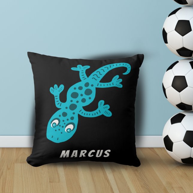 Cute Blue Lizard Gecko on Black Name Cushion (Creator Uploaded)