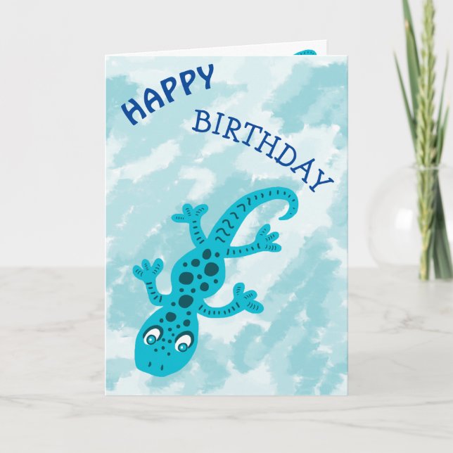 Cute Blue Lizard Gecko on Blue Happy Birthday Card (Front)