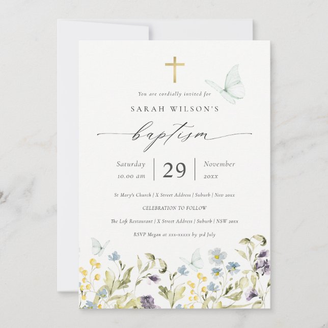 Cute Blue Meadow Floral Butterfly Baptism Invite (Front)