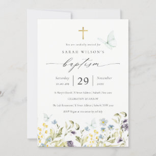 Cute Blue Meadow Floral Butterfly Baptism Invite