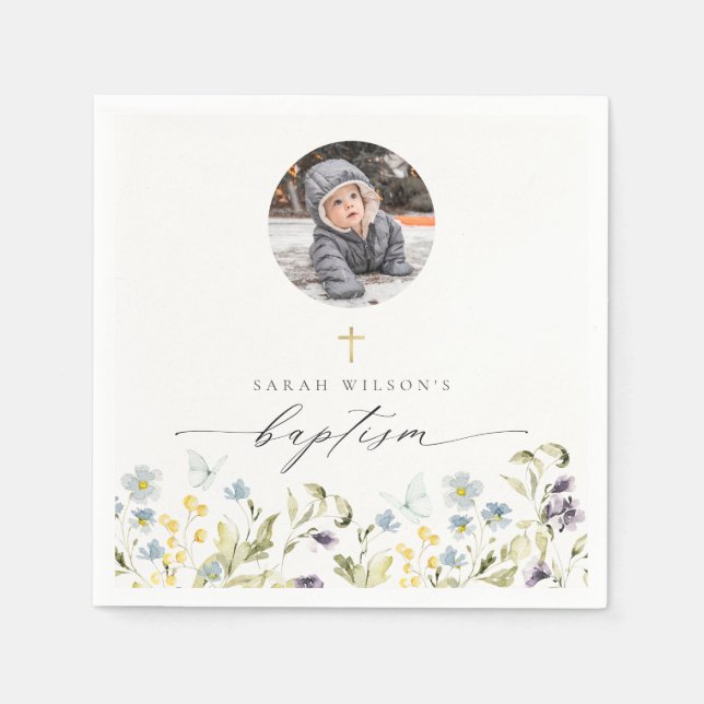 Cute Blue Meadow Floral Butterfly Photo Baptism Napkin (Front)