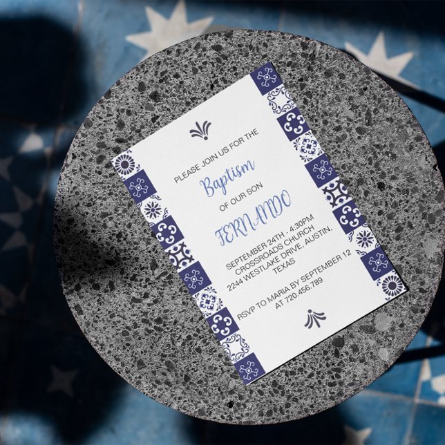 Cute Blue Mexican Baptism Bautizo Invitation (blue white mexican baptism card)