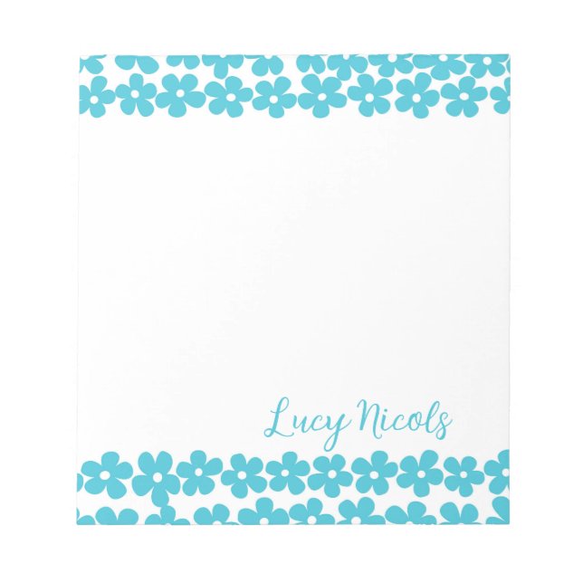 Cute Blue Minimalist Daisy Pattern Floral Name Notepad (Front)