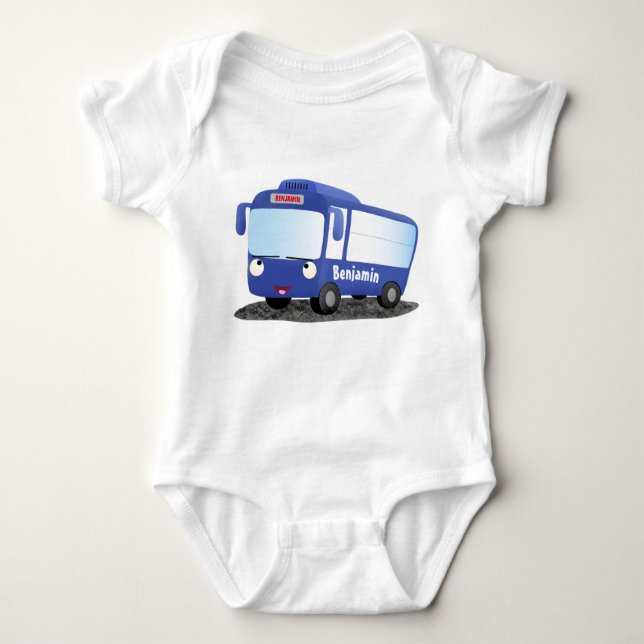 Cute blue modern bus cartoon illustration baby bodysuit (Front)