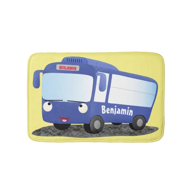 Cute blue modern bus cartoon illustration bath mat (Front)
