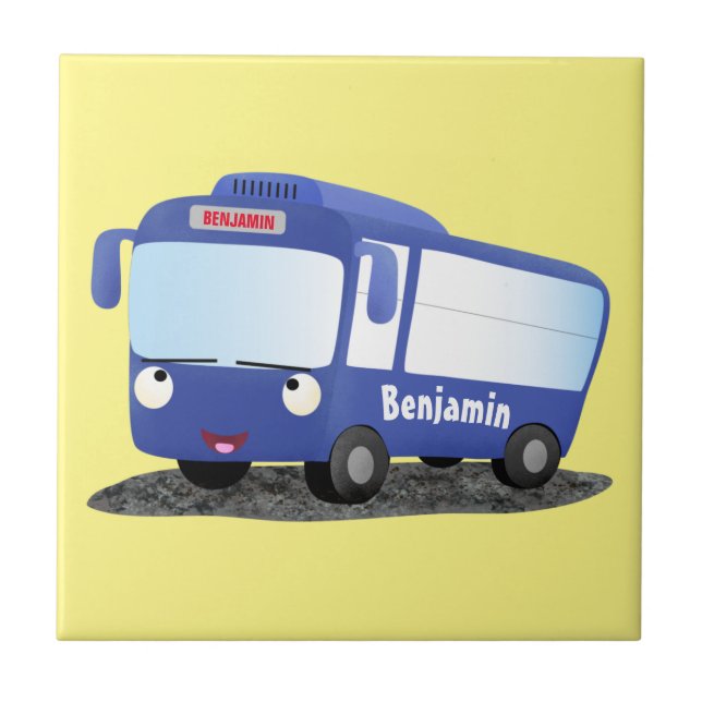 Cute blue modern bus cartoon illustration ceramic tile (Front)