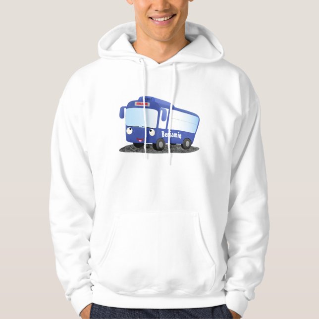 Cute blue modern bus cartoon illustration hoodie (Front)