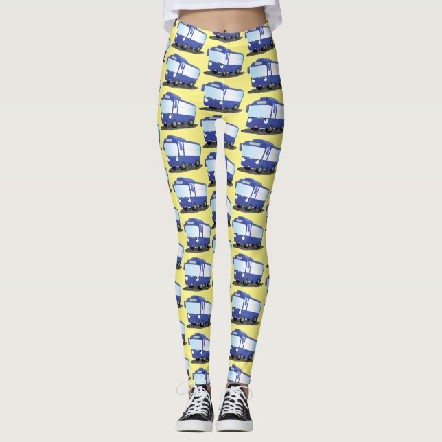 Cute blue modern bus cartoon illustration leggings (Front)