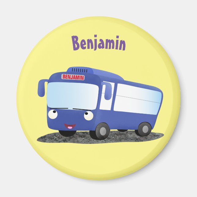 Cute blue modern bus cartoon illustration magnet (Front)