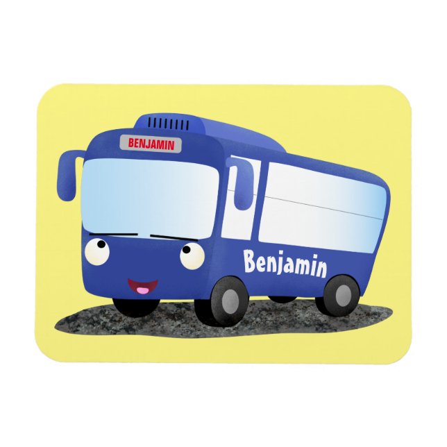Cute blue modern bus cartoon illustration magnet (Horizontal)