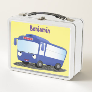 Cute blue modern bus cartoon illustration metal lunch box