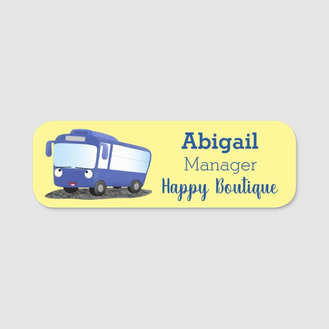 Cute blue modern bus cartoon illustration  name tag (Front)
