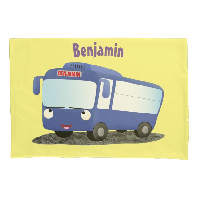 Cute blue modern bus cartoon illustration pillowcase (Front)