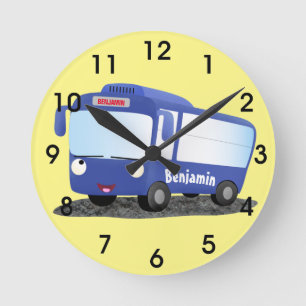 Cute blue modern bus cartoon illustration round clock