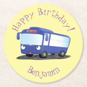 Cute blue modern bus cartoon illustration round paper coaster