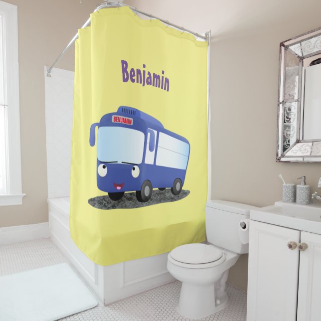 Cute blue modern bus cartoon illustration shower curtain (In Situ)