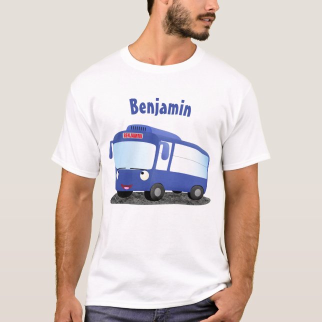 Cute blue modern bus cartoon illustration T-Shirt (Front)