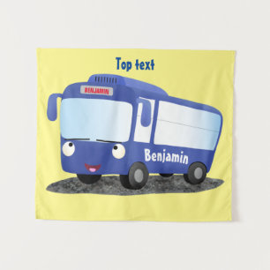 Cute blue modern bus cartoon illustration tapestry