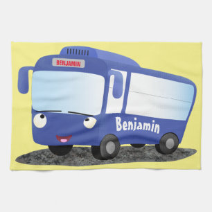 Cute blue modern bus cartoon illustration tea towel