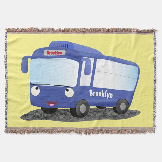 Cute blue modern bus cartoon illustration throw blanket (Front)