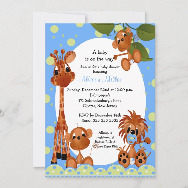 Cute Blue Monkey & Pals Boy Baby Shower Invitation (Front)