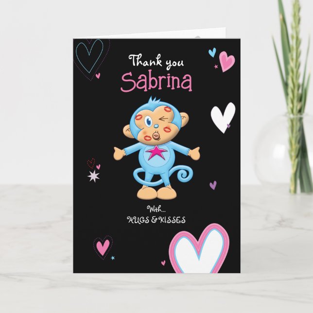 Cute Blue Monkey with hearts Folded Thank You Card (Front)