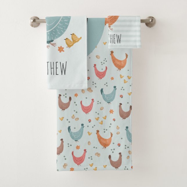 Cute Blue Monogram Chicken Farm Pattern Kids Bath Towel Set (Insitu)
