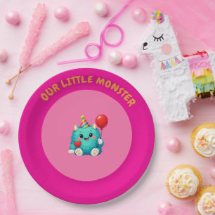Cute Blue Monster 1st Birthday Invitation Paper Plate