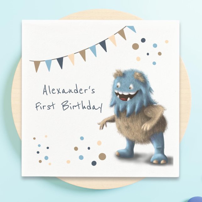 Cute Blue Monster First Birthday Party Napkin (Creator Uploaded)